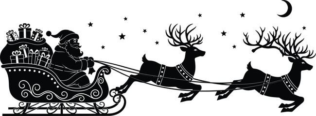 Black silhouette of Santa Claus flying in a sleigh pulled by reindeer with gifts and stars for Christmas winter holiday card design. © Ismail