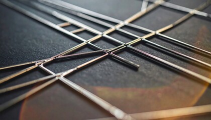 Interconnected Metal Grid: An intricate arrangement of metallic lines forms a complex, overlapping grid on a dark surface, symbolizing connectivity and network.