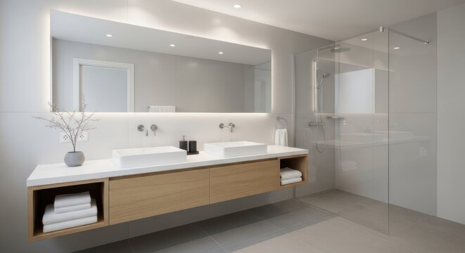 A modern, minimalist bathroom with a double sink vanity, illuminated mirror, and a glass-enclosed shower.