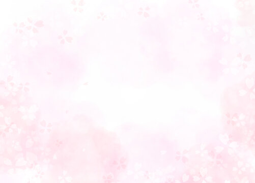 淡い桜の水彩背景、光に溶け込む花びらのフレーム、白背景とコピースペース。 / Pale cherry blossom watercolor background, soft petals merging with light, white background with copy space.