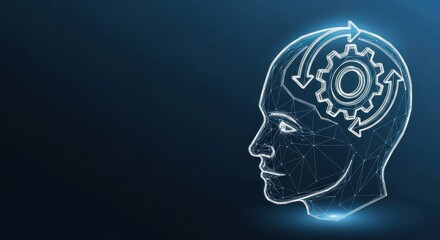 Obraz premium Wireframe Artificial Intelligence Human Head with Digital Brain Processing Gears