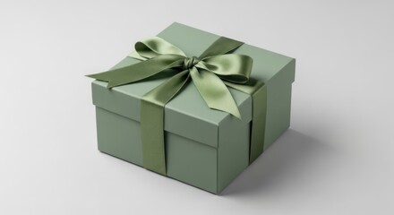 Obraz premium A green gift box with a satin ribbon bow on a plain background.