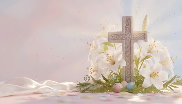 Stone Christian Cross and White Lilies Easter 3D Background