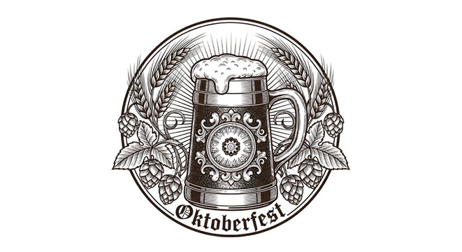 Beer stein Oktoberfest vintage emblem with hops and barley, hand drawn engraving style badge for festival posters featuring frothy, foam, lager with ale and brewery elements for pub, bar projects,