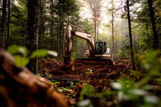 Excavator digging soil in a forest clearing