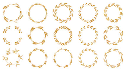 Fototapeta premium Comprehensive set of golden wheat wreaths and circular borders representing abundance and harvest for organic product branding.