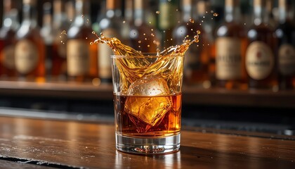 Luxury whiskey splash in elegant glass on wooden bar