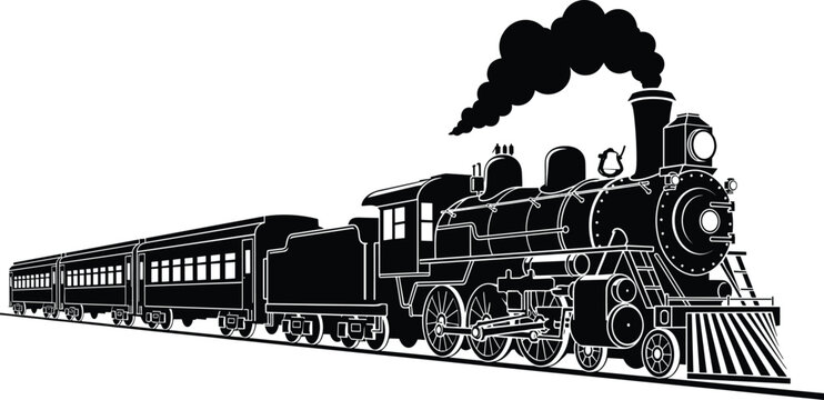 Vintage Steam Train Locomotive, Classic Railway Engine Black Silhouette Transport Illustration for Industrial History Travel and Transportation Concept