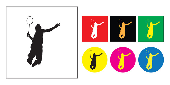Set of silhouettes showing professional badminton players in various action poses.
