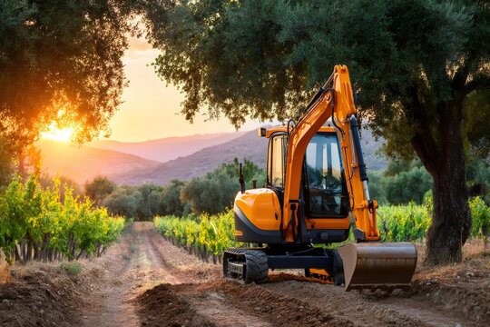 Yellow excavator working in vineyard at sunset