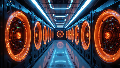 Futuristic server room with glowing orange machines