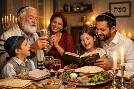 Jewish family gathers around a table for Passover Seder, enjoying traditional foods and wine, with candles illuminating the festive setting