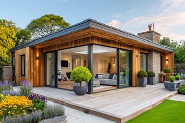 Fototapeta premium Modern garden room addition with timber cladding and patio