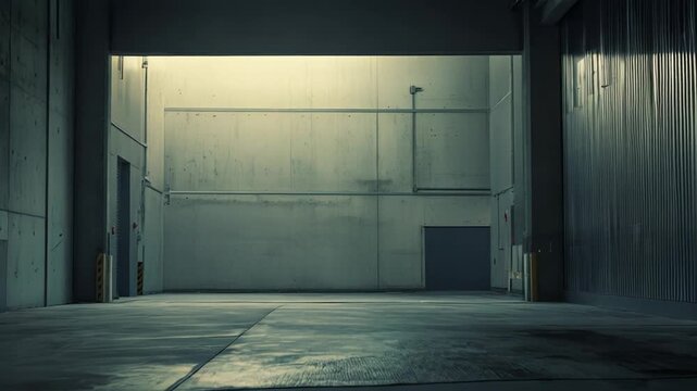 Industrial concrete warehouse interior featuring a high ceiling, dim artificial lighting, exposed structures, and a closed metal roll up door, ideal for various logistic and storage themes