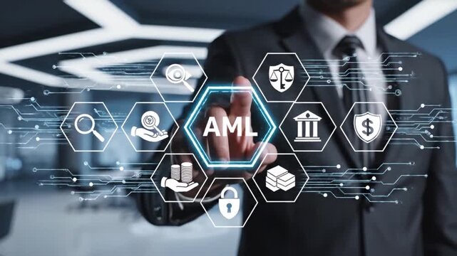 Businessman touching glowing hexagon screen with AML acronym and digital icons related to finance law security compliance and investigation footage