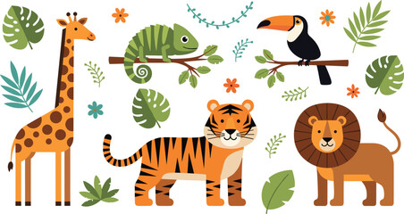 PrintCute set of jungle and safari animal vector illustrations featuring a giraffe, tiger, lion, toucan, and chameleon with tropical monstera leaves for kids education and nursery design. © Ismail