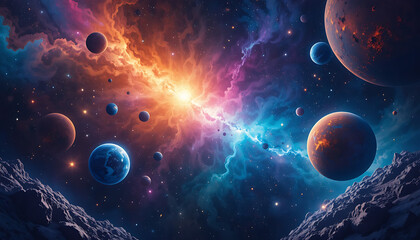 Vibrant cosmic scene with planets and stars in colorful nebula