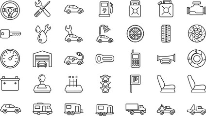 Complete automotive and transportation line icon set featuring electric car charging, engine parts, garage tools, tires, fuel cans, trailers, trucks, and vehicle maintenance symbols. © Maslima