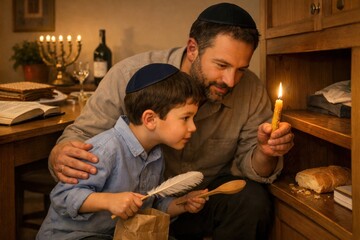 A Jewish father and son, holding a lit candle, search for chametz before celebrating Passover in a cozy home setting with traditional decor and festive elements