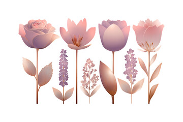 Obraz premium Beautiful collection of delicate pastel pink and purple flowers with leaves.