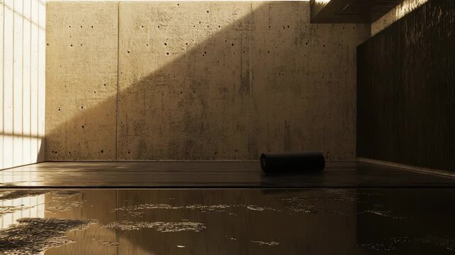 Industrial concrete room featuring warm sunlight casting shadows on the textured wall and creating reflections in puddles of water on the dark floor, contrasting raw and modern aesthetics