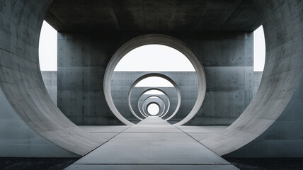 Fototapeta premium A perspective view of multiple large concrete circular openings aligned to create a tunnel effect, showcasing brutalist minimalist architecture and geometric patterns.