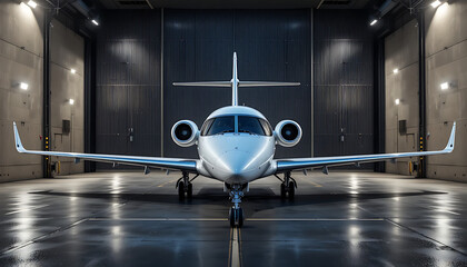 Luxury private jet parked in modern hangar
