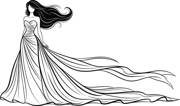 Elegant Woman in Flowing Evening Gown Line Art Illustration Featuring Long Hair and Graceful Fashion Design Concept
