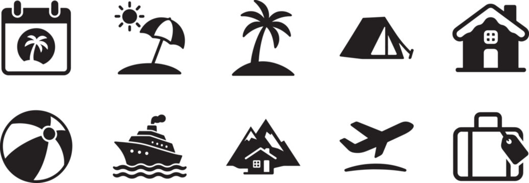 Holiday icon set vector silhouette collection for travel vacation festival calendar symbol pack.