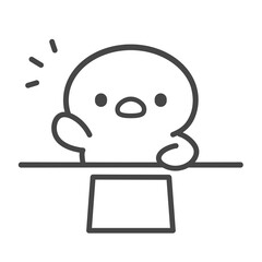 机の上で手を挙げるひよこの手描き線画イラスト © Nitomaru