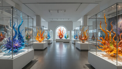 Vibrant glass sculptures on display in modern art gallery