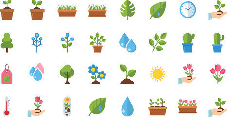 Fototapeta premium Large collection of colorful flat gardening icons featuring potted plants, green leaves, blooming flowers, hands planting seedlings, sun, water drops, and nature growth symbols.