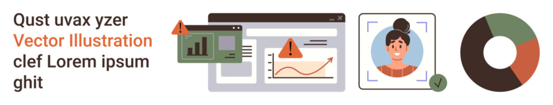 Data security, identity verification, analytics, cybersecurity, business intelligence, risk assessment. Dashboard with alert sign, user ID photo and pie chart. Data security and identity