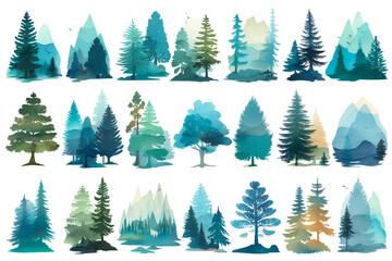 Obraz premium Watercolor collection of diverse evergreen trees in various shades of green and blue showcasing a forest theme.