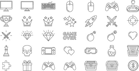 Mega set of gaming and e-sports line icons featuring game controllers, consoles, monitors, trophies, crowns, diamonds, hearts, bombs, treasure chests, and virtual reality goggles © Maslima