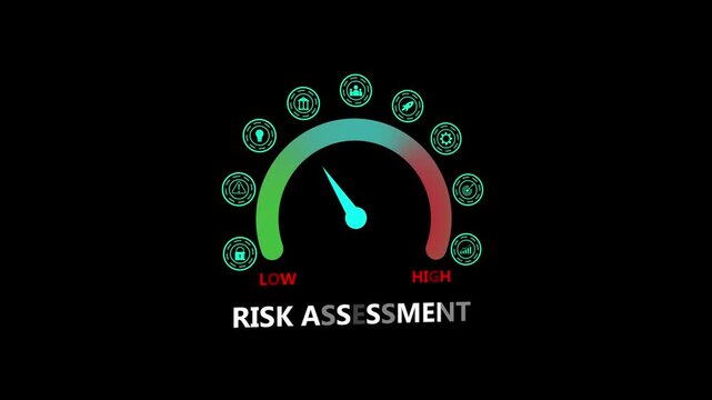 Risk Assessment Gauge Meter with on Black Background risk management risk level low to safety security symbols