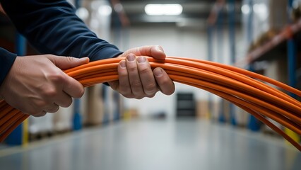 Technician Handling Orange Electrical Cables in Warehouse 1.