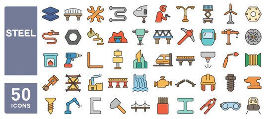 Fototapeta premium Collection of fifty steel icons representing various industrial tools and machinery in a grid layout for graphic design