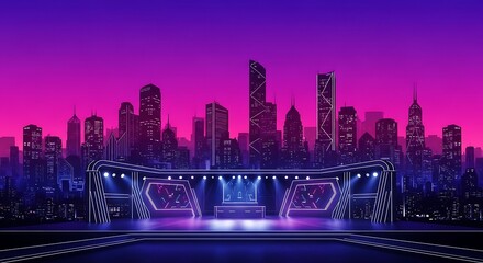 Obraz premium Futuristic cityscape under a vibrant neon-lit sky at night with illuminated skyscrapers