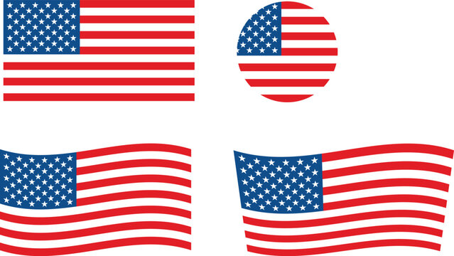 American Flag Collection Set with Flat, Waving and Circle USA Flag Vector Illustrations