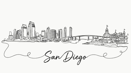 Minimalist San Diego California skyline and bridge panorama line art vector illustration