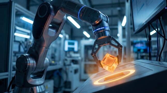 Industrial robotic arm picking up glowing orange holographic cube in smart factory, automated manufacturing process, futuristic technology, digital data processing