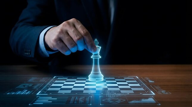 Businessman hand moving a glowing 3D holographic chess king piece on a digital circuit chessboard. Corporate strategy, leadership, and tactical foresight concept.