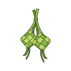two hanging ketupat rice cakes tied together with long palm leaf ribbons