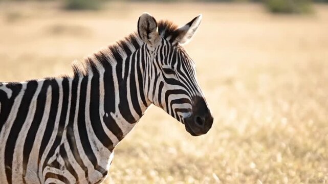 A striking zebra stands gracefully in the warm golden light of the African savanna, its distinctive black and white stripes a captivating display of nature's artistry and unique pattern