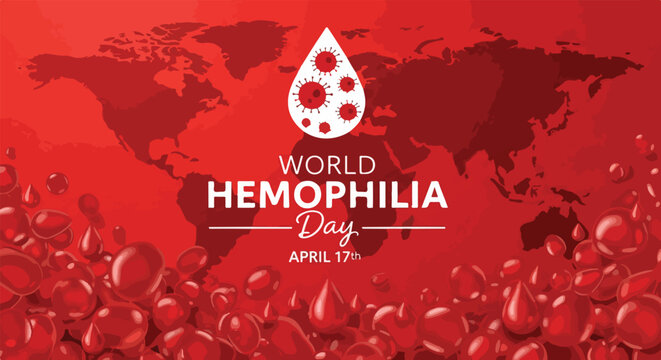 A red-themed graphic illustration for World Hemophilia Day on April 17th featuring a stylized blood drop logo and a world map background with numerous red blood cells.