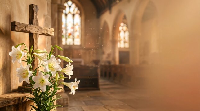Church Interior with Christian Cross and White Easter Lilies