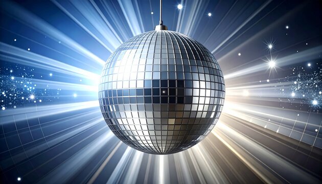 A vibrant pink disco ball reflects bright purple glitter and starlit patterns across a nightclub dance floor in this glowing vector illustration design of a mirror sphere at a music party