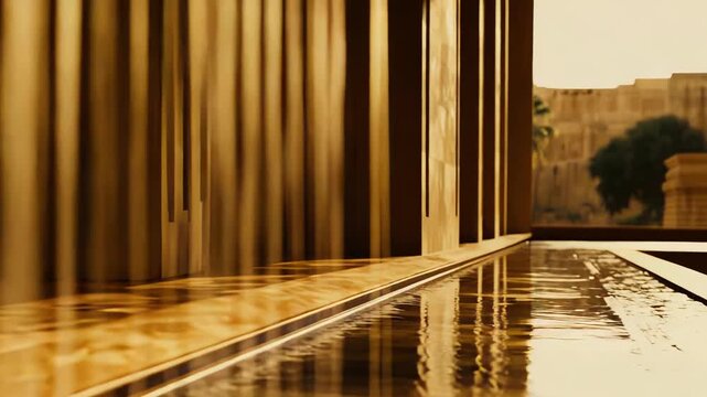 Water cascading from a modern brutalist structure into a sleek pool, creating rhythmic ripples and warm amber reflections that echo geometric lines and the distant arid landscape