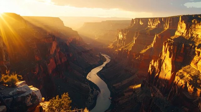 A canyon scene, sunlit walls flank a river, evoking majesty